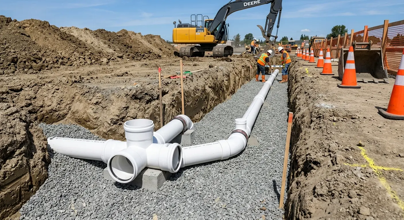 New PVC sewer pipe installation in open trench for Sewer Backup in Rotterdam