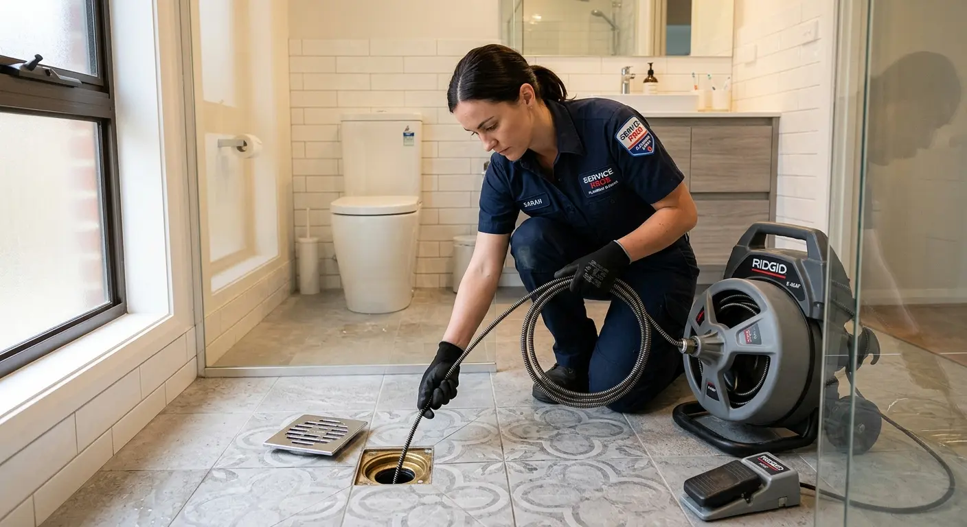 Technician clearing a bathroom floor drain for Hydro Jetting in Rotterdam